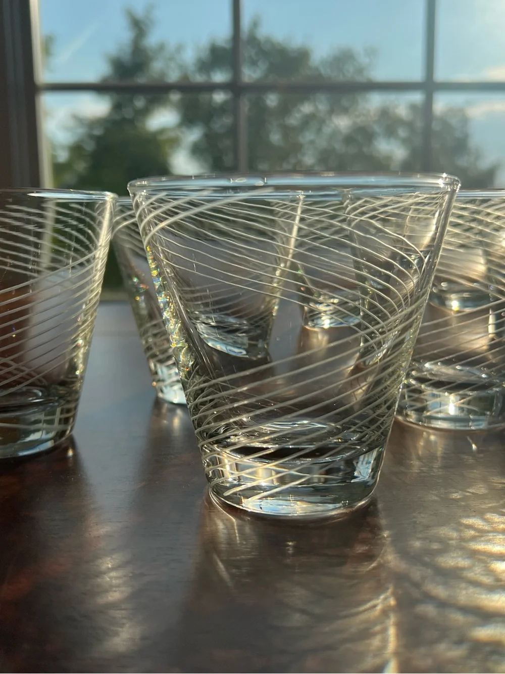 Atomic MCM Mid Century Modern Vintage Clear Swirl Glass LowBall Tumbler Set of 7